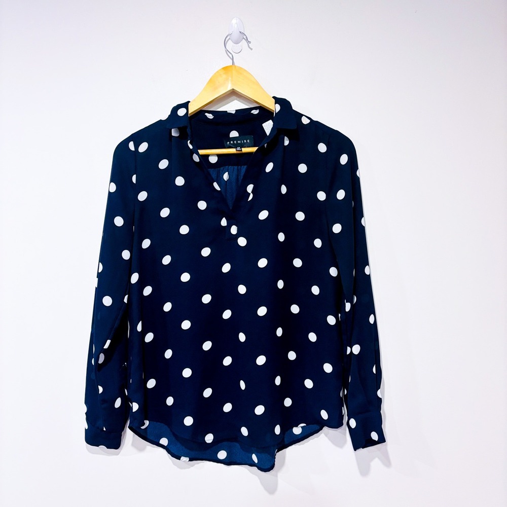 PREMISE Navy polka‎ dot blouse lightweight minimalist casual | X-Small